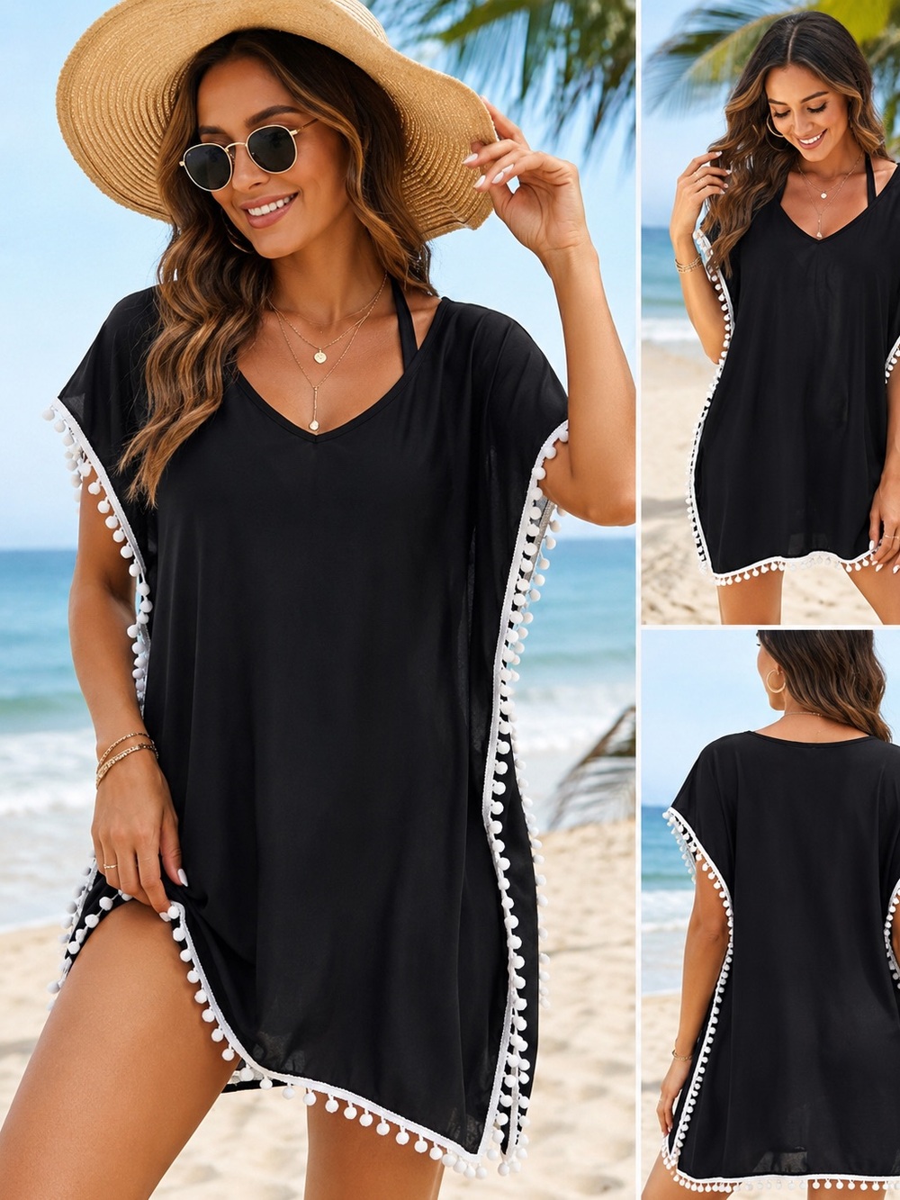 NWT Yincro Black Pom Pom Trim Beach Cover Up size OSFM